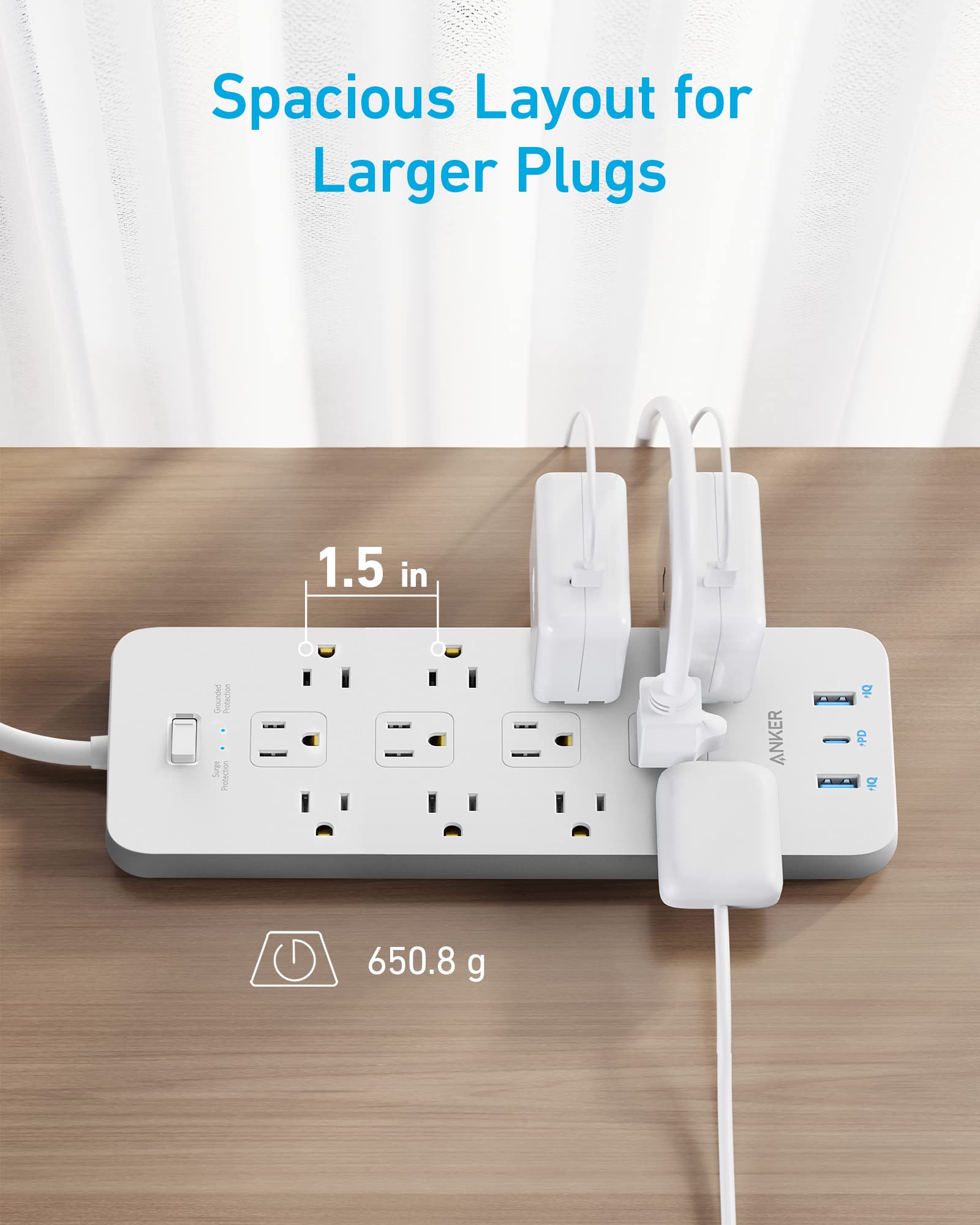 Anker power strip with spacious layout for larger plugs